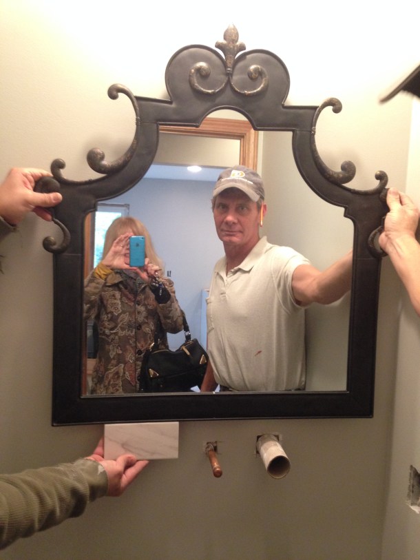 Metal mirror with backsplash tile sample. Thank you Terry and TJ.