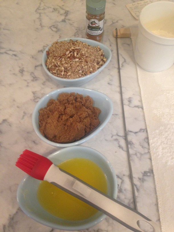 Melted butter, brown sugar & chopped pecans