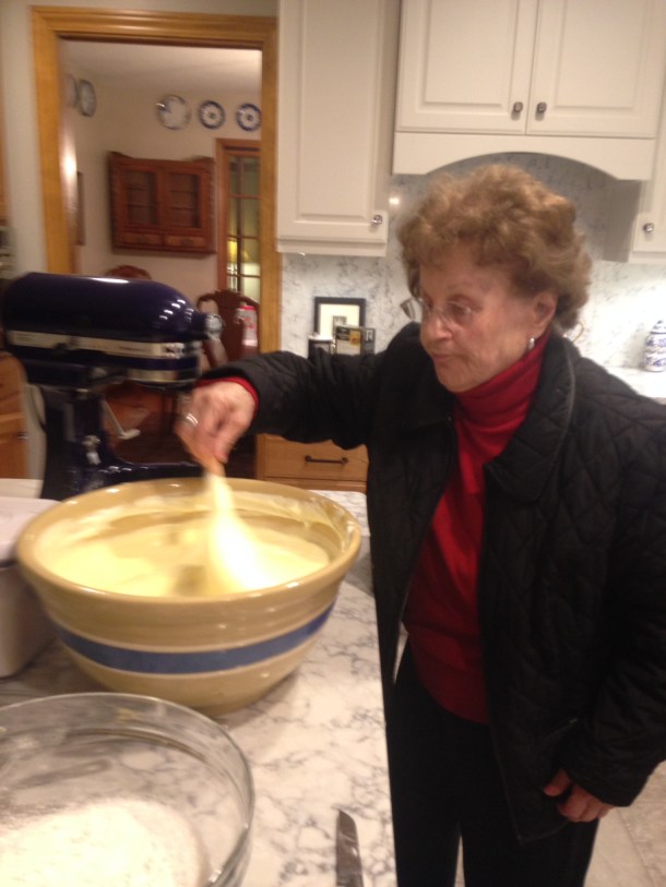 Sonia Sanders folding the flour into the cake